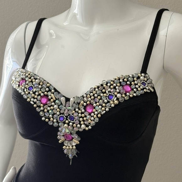Vintage 90s Contempo Strappy Bodycon Mini Dress S Black Bejeweled Party Clubwear - Picture 12 of 16